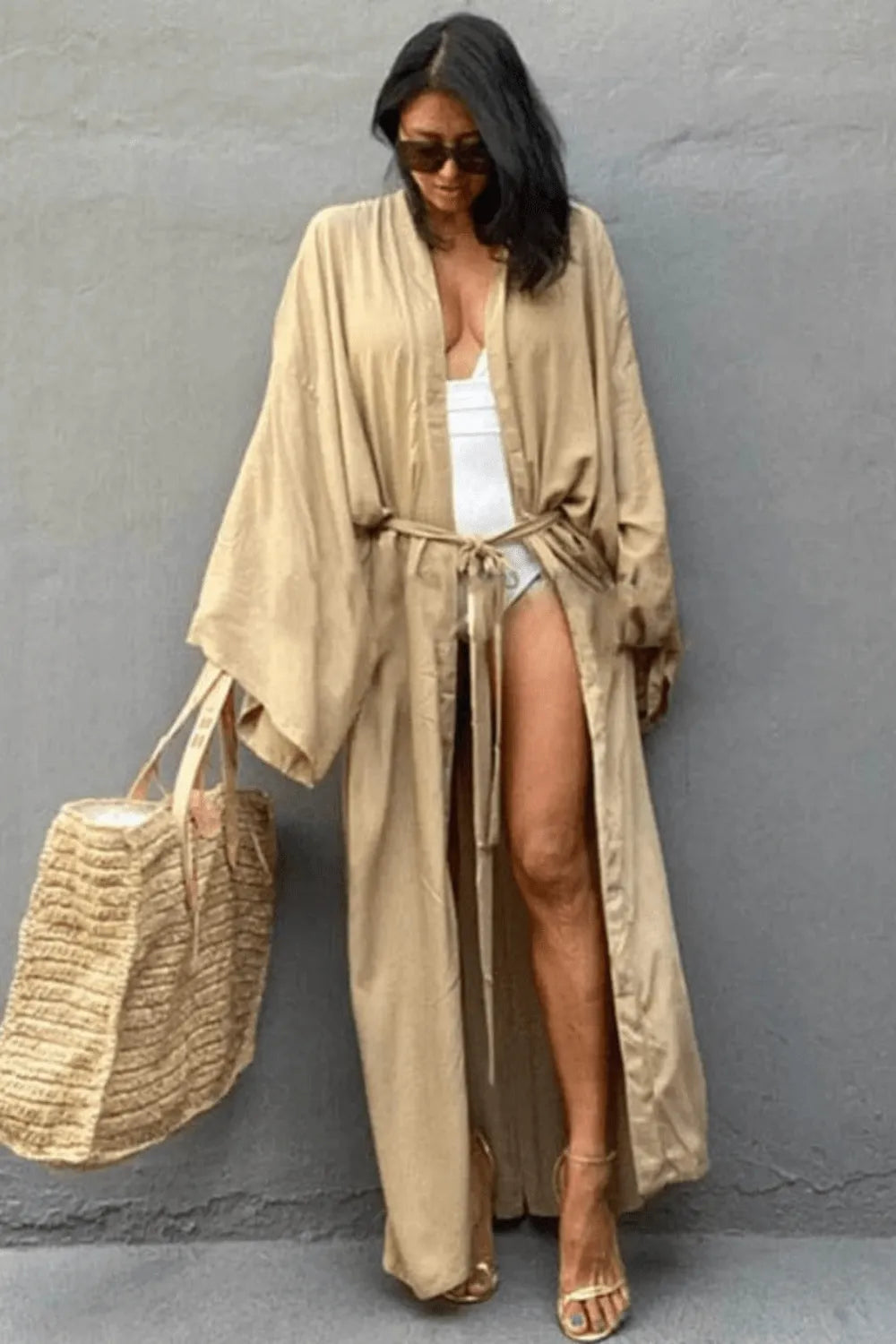 Kimono élégant beige pour femme style japonais Taille unique Peignoir et bain