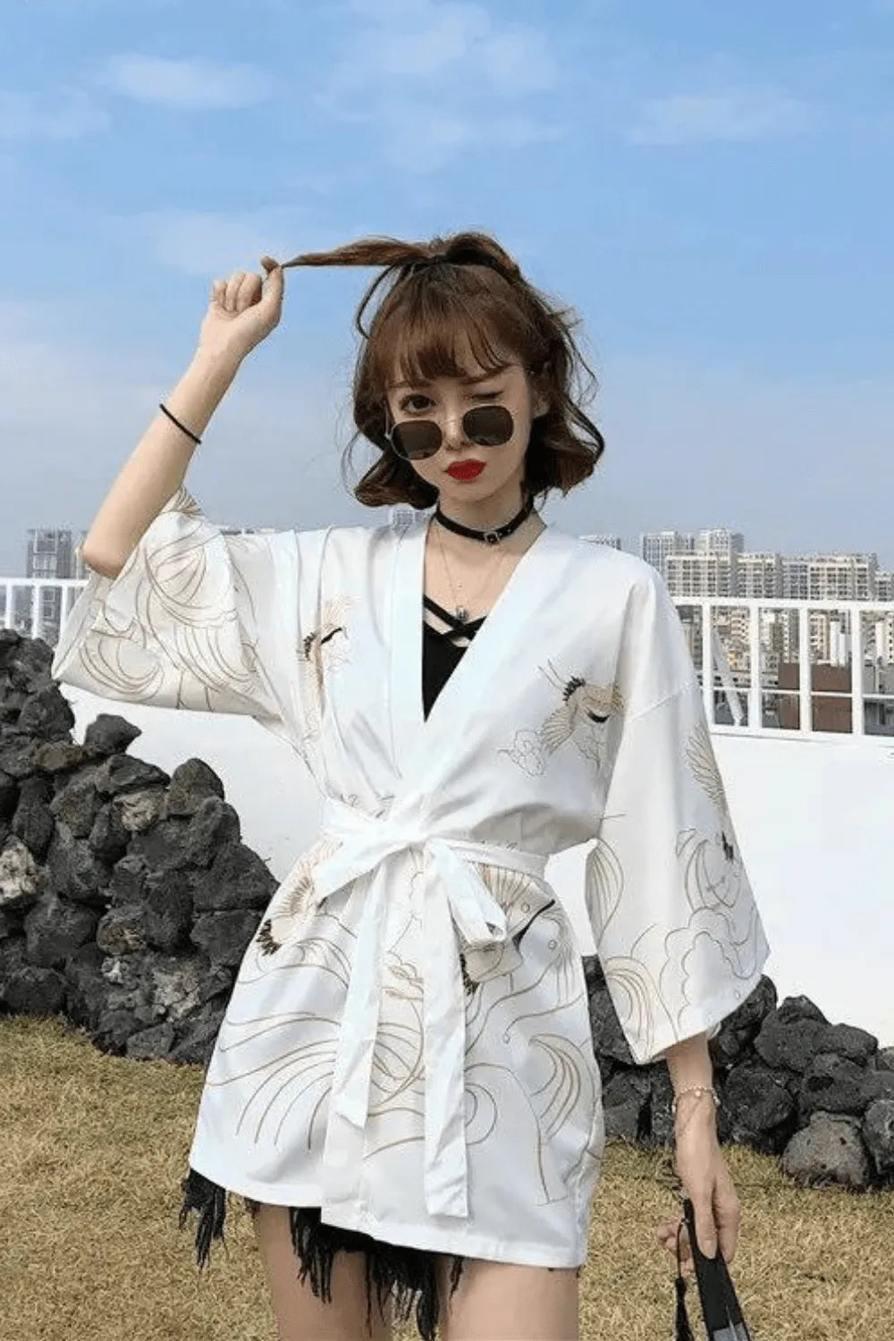 Kimono élégant floral pour femme ambiance estivale Blanc / Taille Unique Peignoir et bain