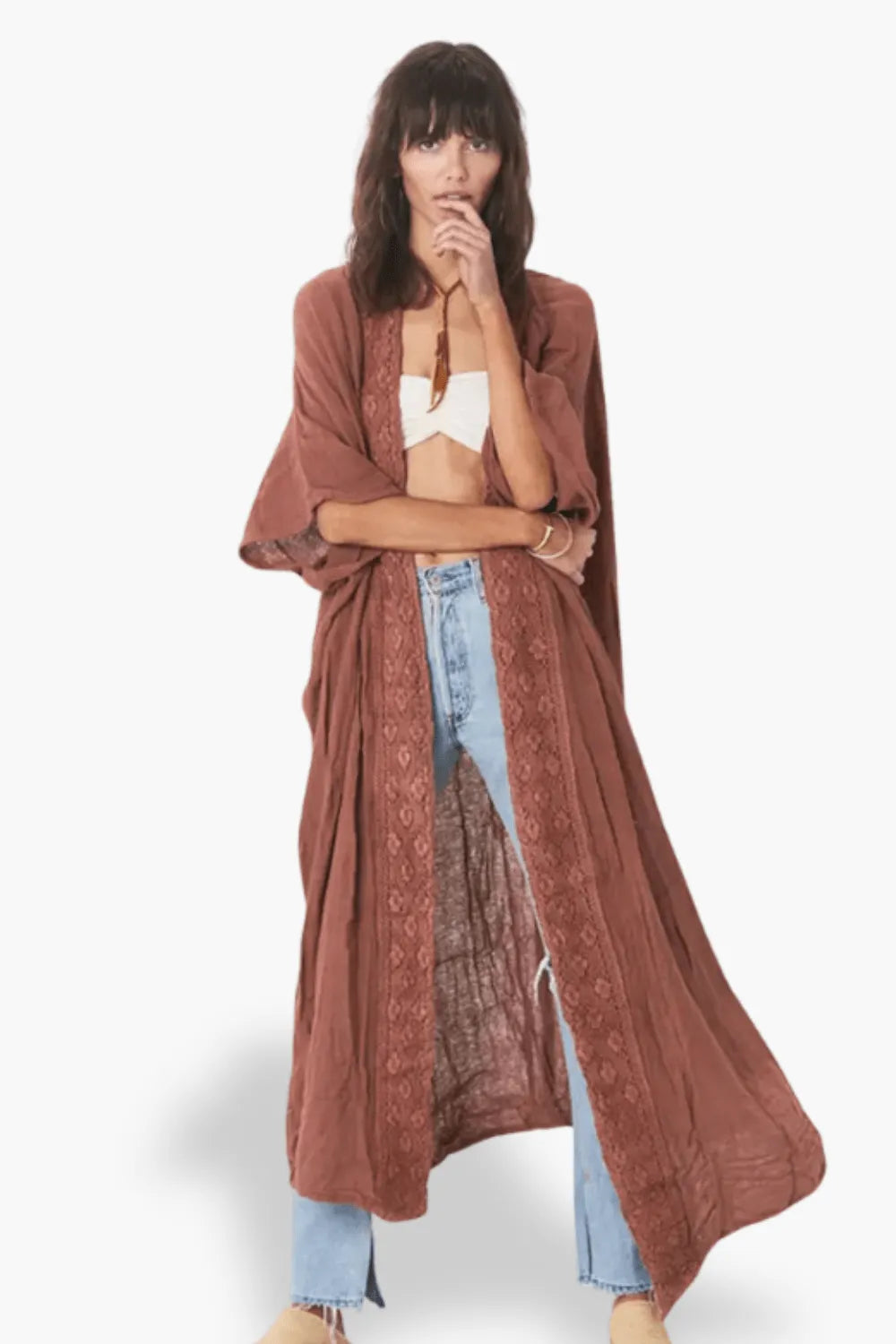 Kimono élégant marron style japonais pour détente Marron / Taille unique Peignoir et bain