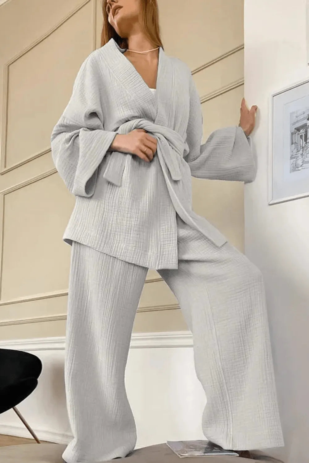 Kimono fleuri élégant pour femme style bohème Gris clair / XL Peignoir et bain