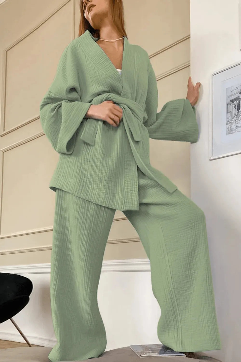 Kimono fleuri élégant pour femme style bohème Vert clair / XL Peignoir et bain