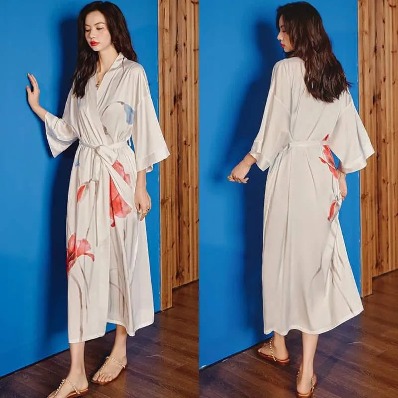 Kimono floral élégant pour femme style bohème blanc / Taille unique Peignoir et bain