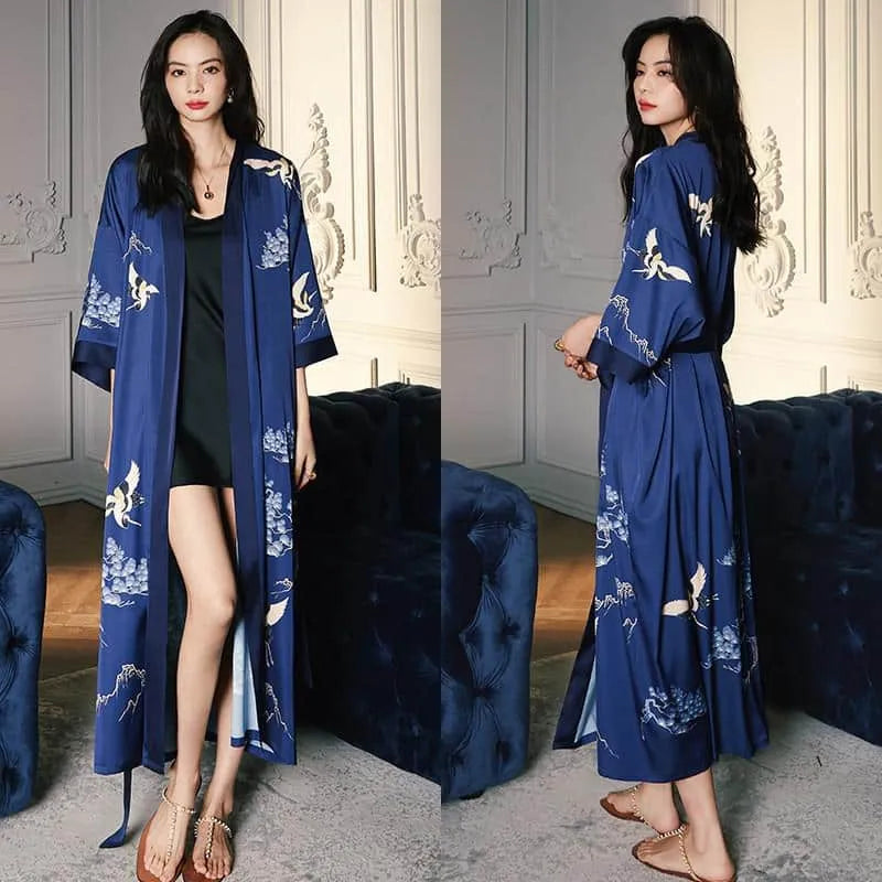 Kimono floral élégant pour femme style bohème bleu fonce / Taille unique Peignoir et bain