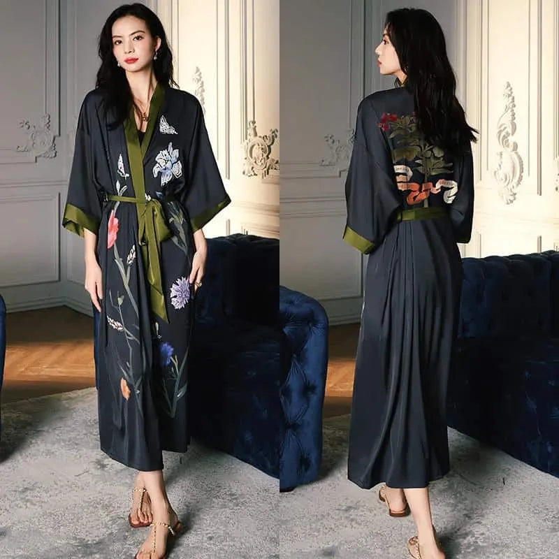 Kimono floral élégant pour femme style bohème noir / Taille unique Peignoir et bain