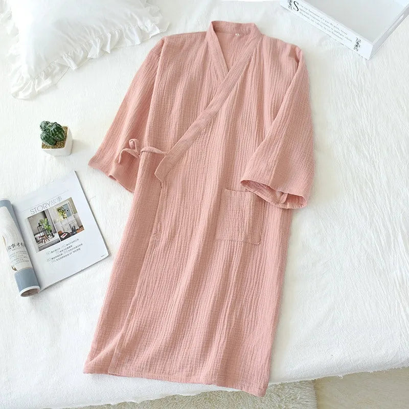 Kimono léger en coton détente estivale rose / l Peignoir et bain