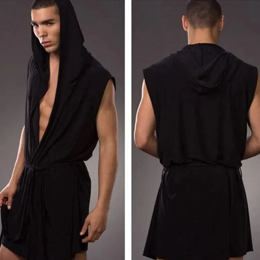 Peignoir à capuche sans manches pour homme élégant noir / s Peignoir et bain