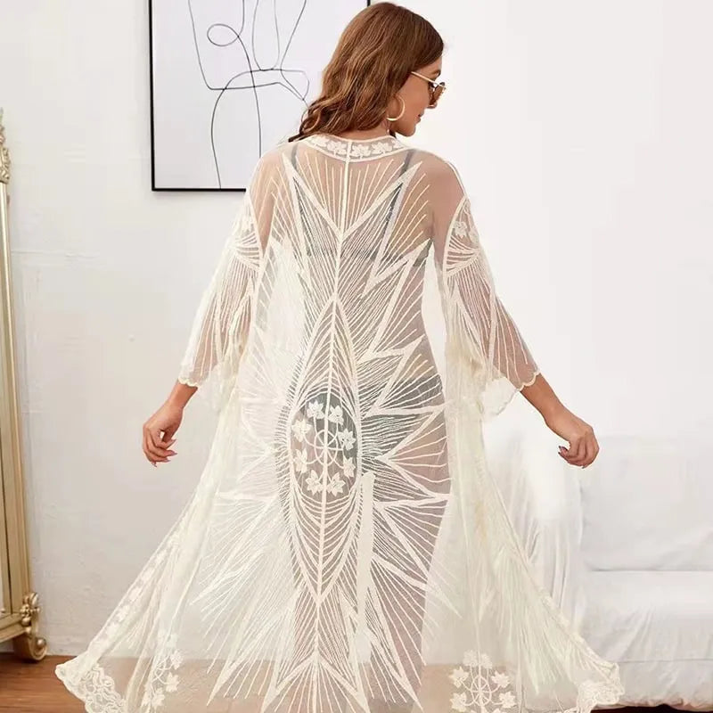 Peignoir bohème chic dentelle pour la plage blanc Peignoir et bain