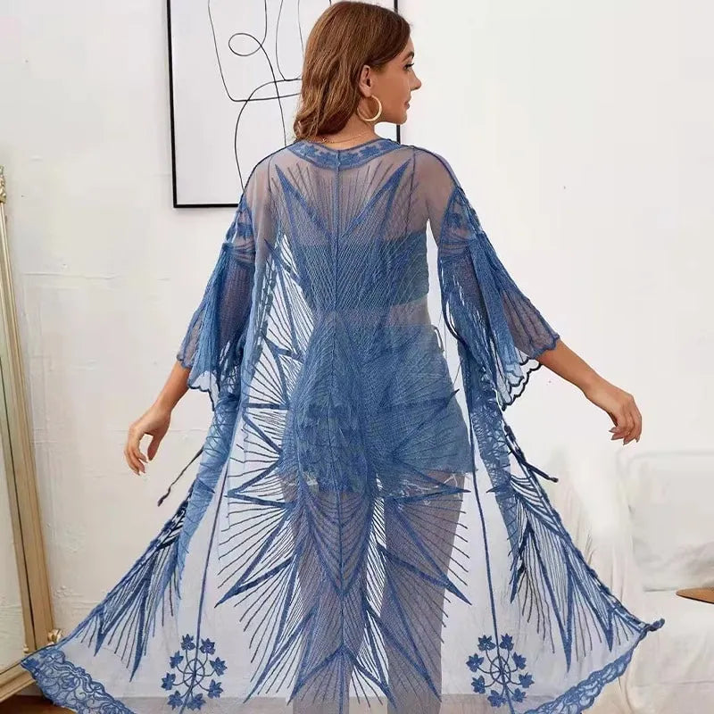 Peignoir bohème chic dentelle pour la plage bleu Peignoir et bain