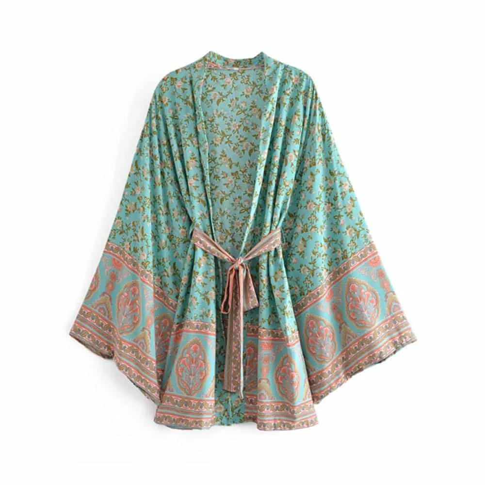 Peignoir bohème floral bleu pour femme en été l Peignoir et bain