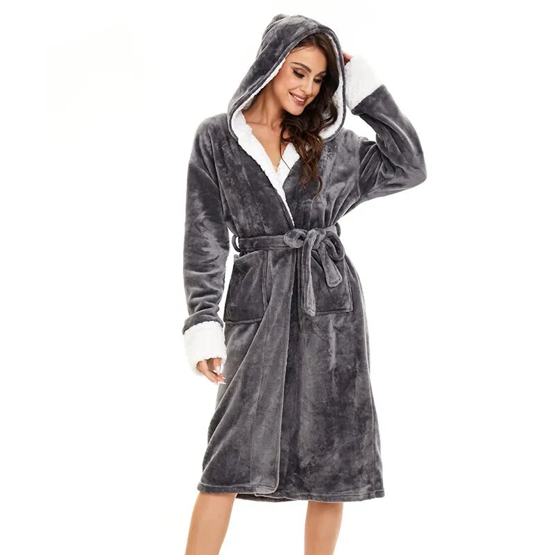 Peignoir doux à capuche mi-long pour femme gris Peignoir et bain