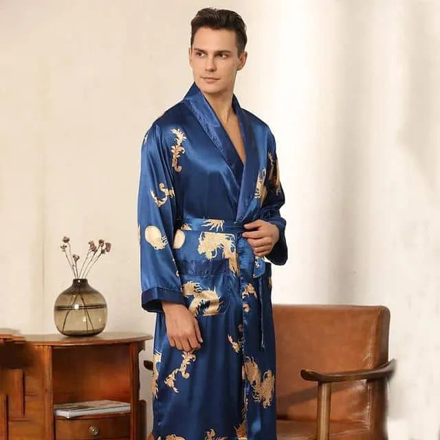 Peignoir élégant en satin pour soirées homme L (50-65kg) / bleu Peignoir et bain
