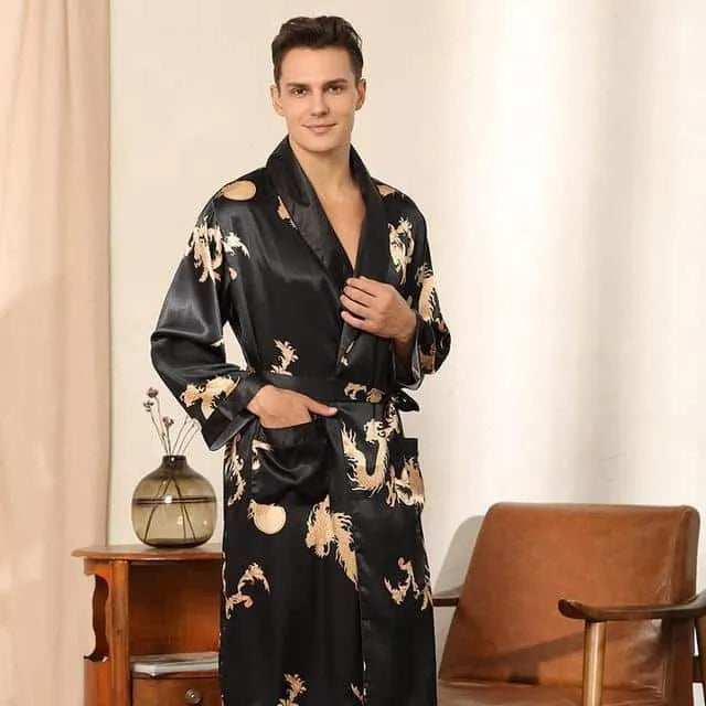 Peignoir élégant en satin pour soirées homme L (50-65kg) / noir Peignoir et bain