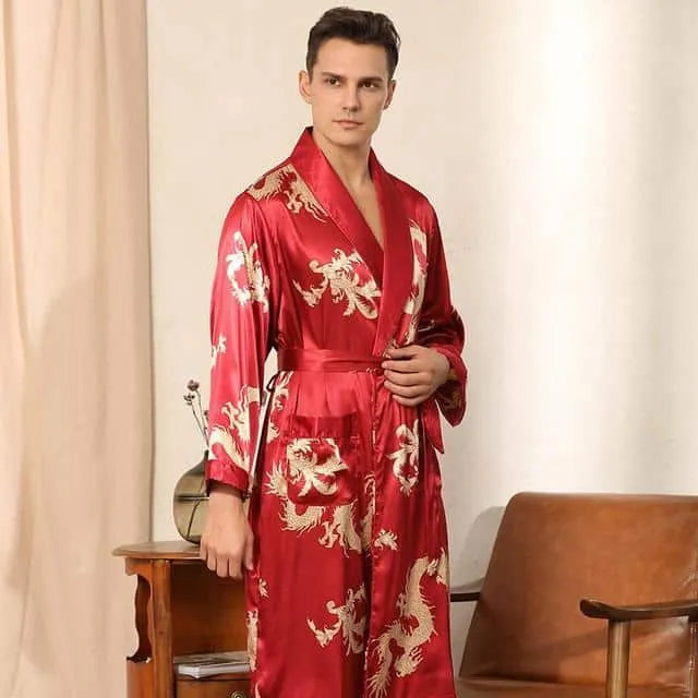 Peignoir élégant en satin pour soirées homme L (50-65kg) / rouge Peignoir et bain