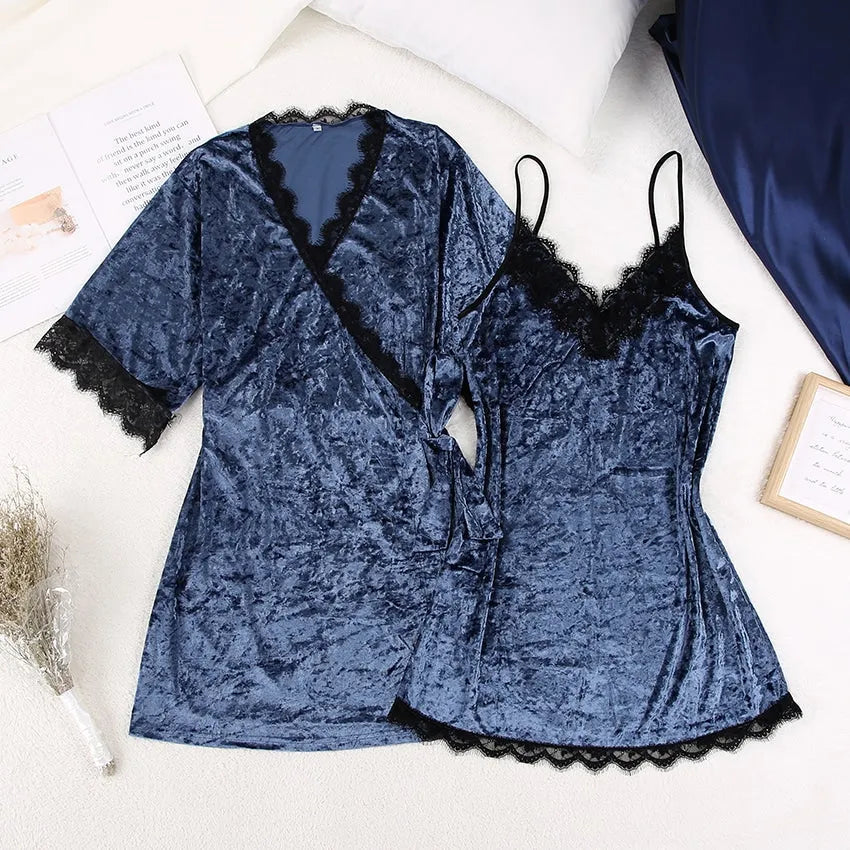 Peignoir élégant en velours dentelle noire pour femme Peignoir et bain