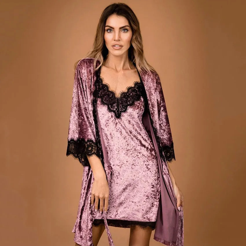 Peignoir élégant en velours dentelle noire pour femme rose / l Peignoir et bain