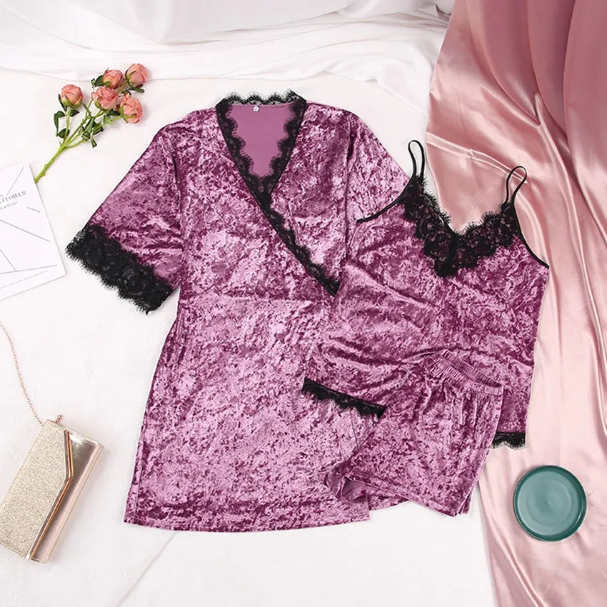 Peignoir élégant en velours et dentelle noire Peignoir et bain