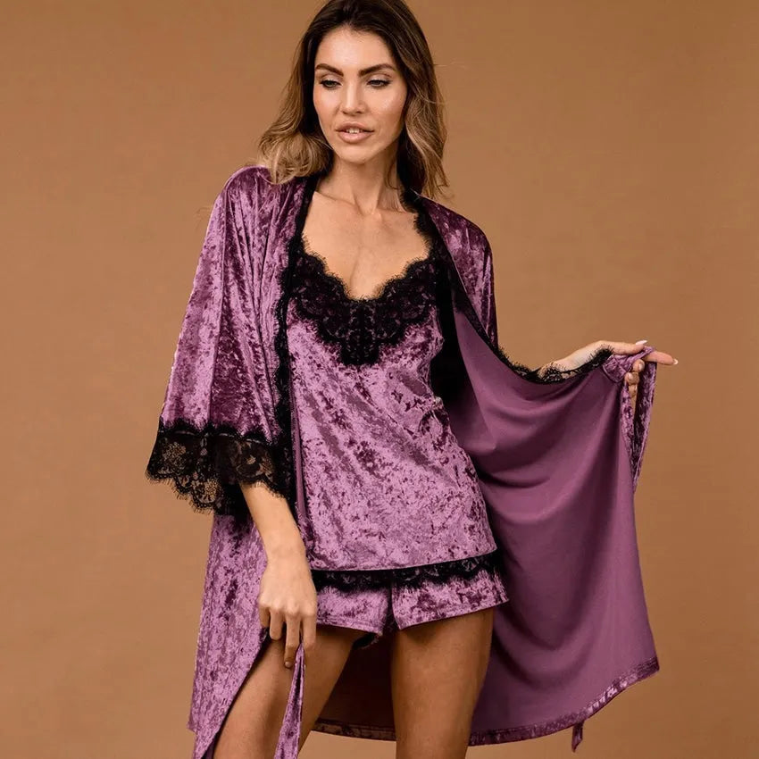 Peignoir élégant en velours et dentelle noire rose / s Peignoir et bain