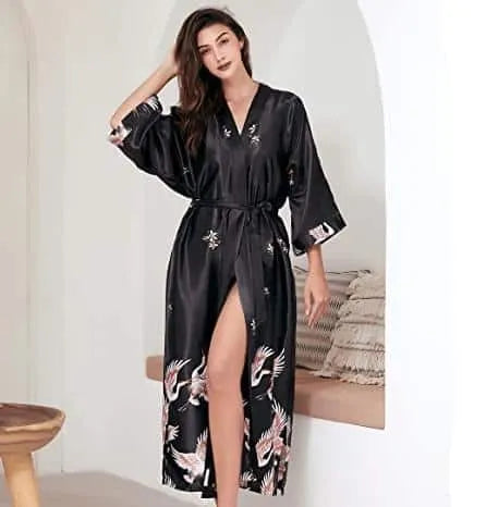 Peignoir élégant imprimé oiseaux pour femme noir / s Peignoir et bain