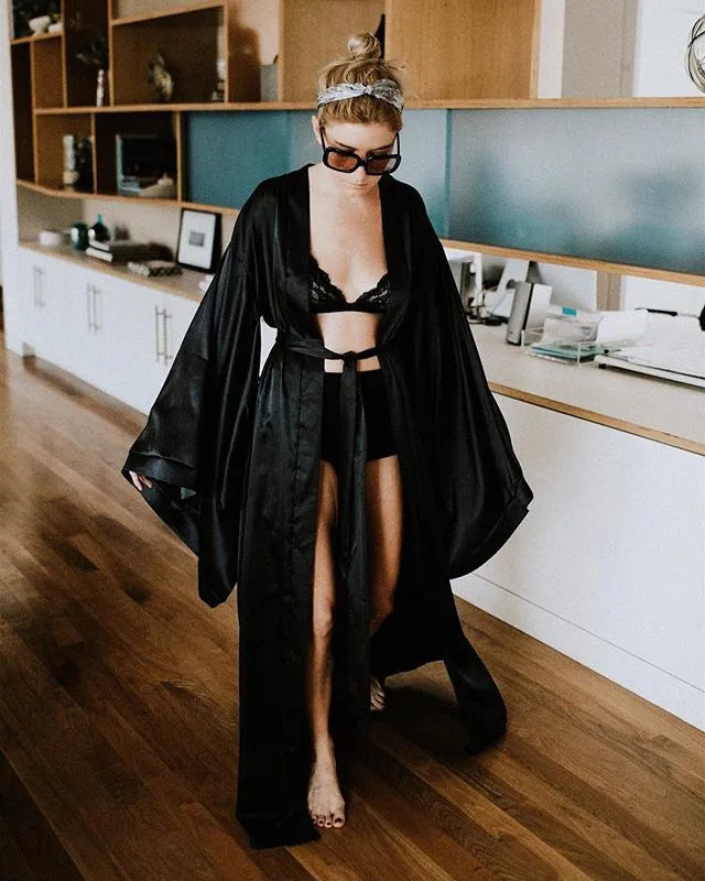 Peignoir élégant manches longues pour femme noir / m Peignoir et bain