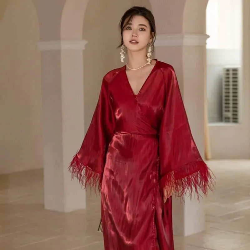 Peignoir élégant plumes pour lune de miel romantique rouge / s Peignoir et bain