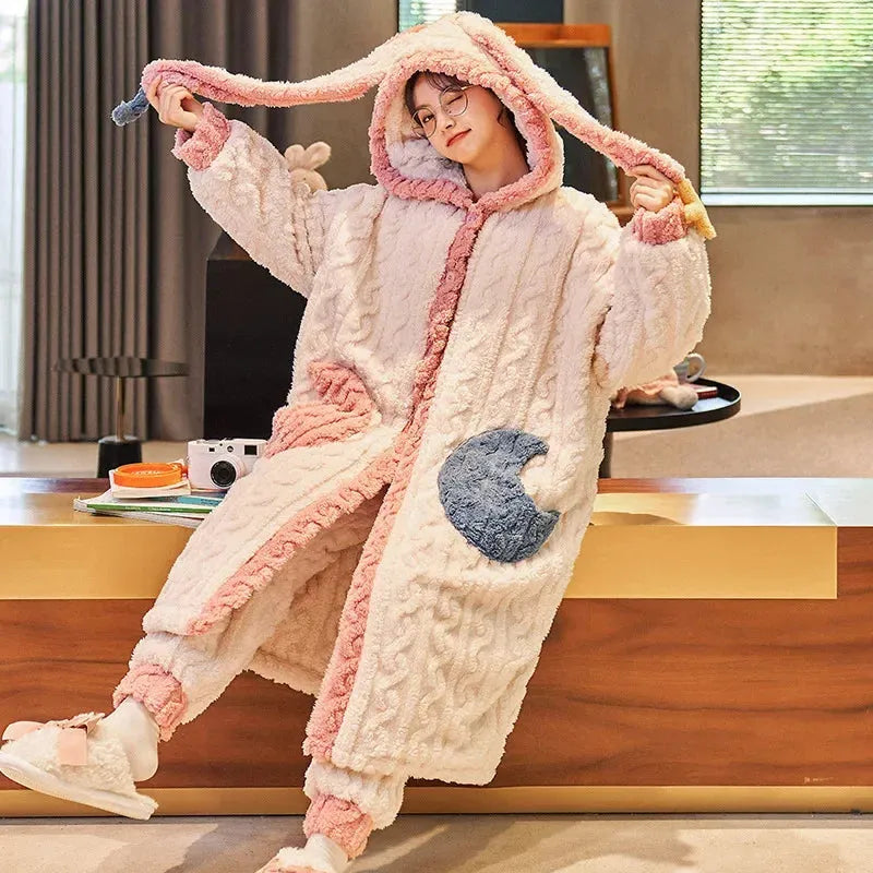 Peignoir épais à capuche oreille lapin avec pantalon m Peignoir et bain