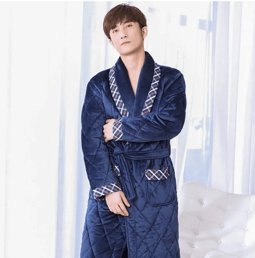 Peignoir épais homme en flanelle douce triple épaisseur L (50-65kg) / bleu Peignoir et bain