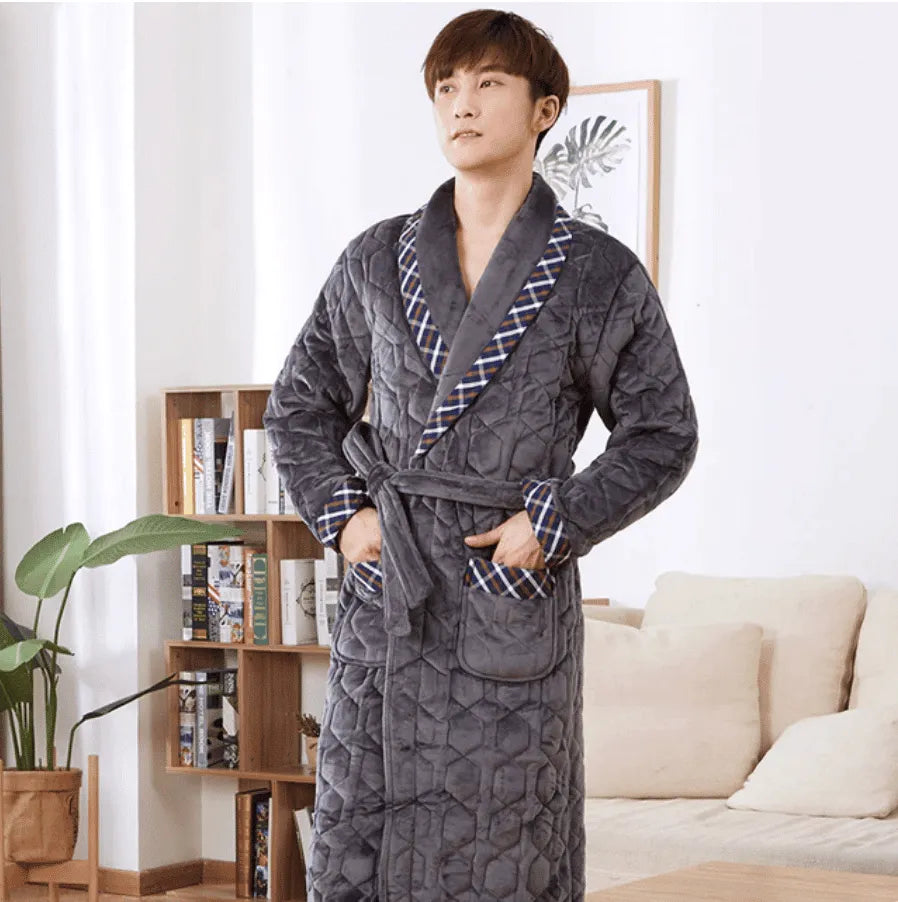 Peignoir épais homme en flanelle douce triple épaisseur L (50-65kg) / gris Peignoir et bain