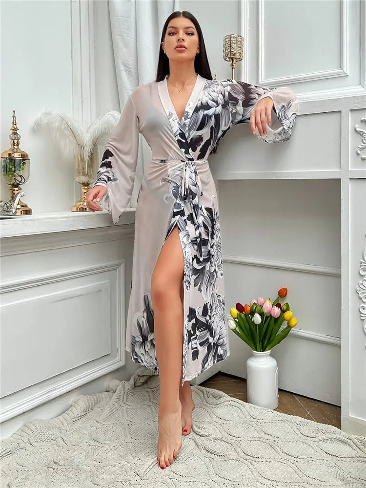 Peignoir floral chic noir et blanc pour femme M Peignoir et bain