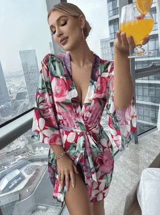 Peignoir floral court femme style orchidée élégant rose / s Peignoir et bain