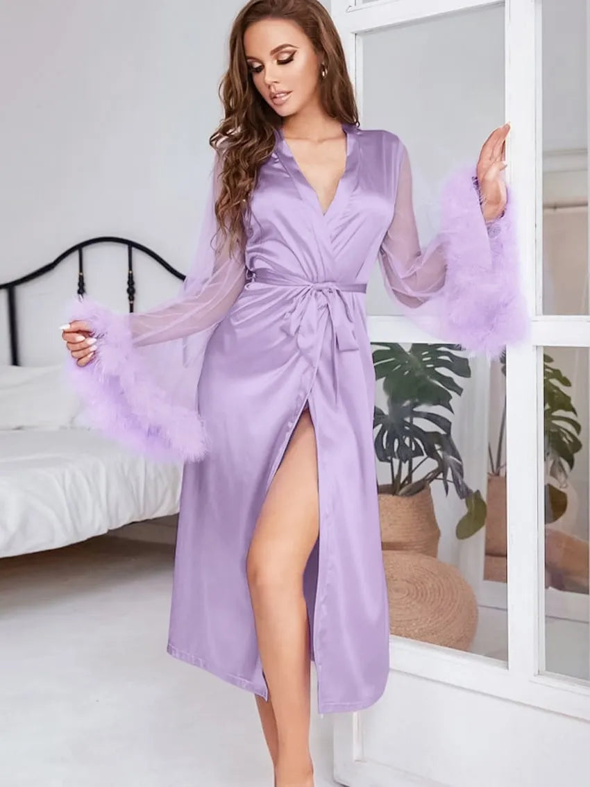 Peignoir glamour femme manches plume satin élégant violet / s Peignoir et bain