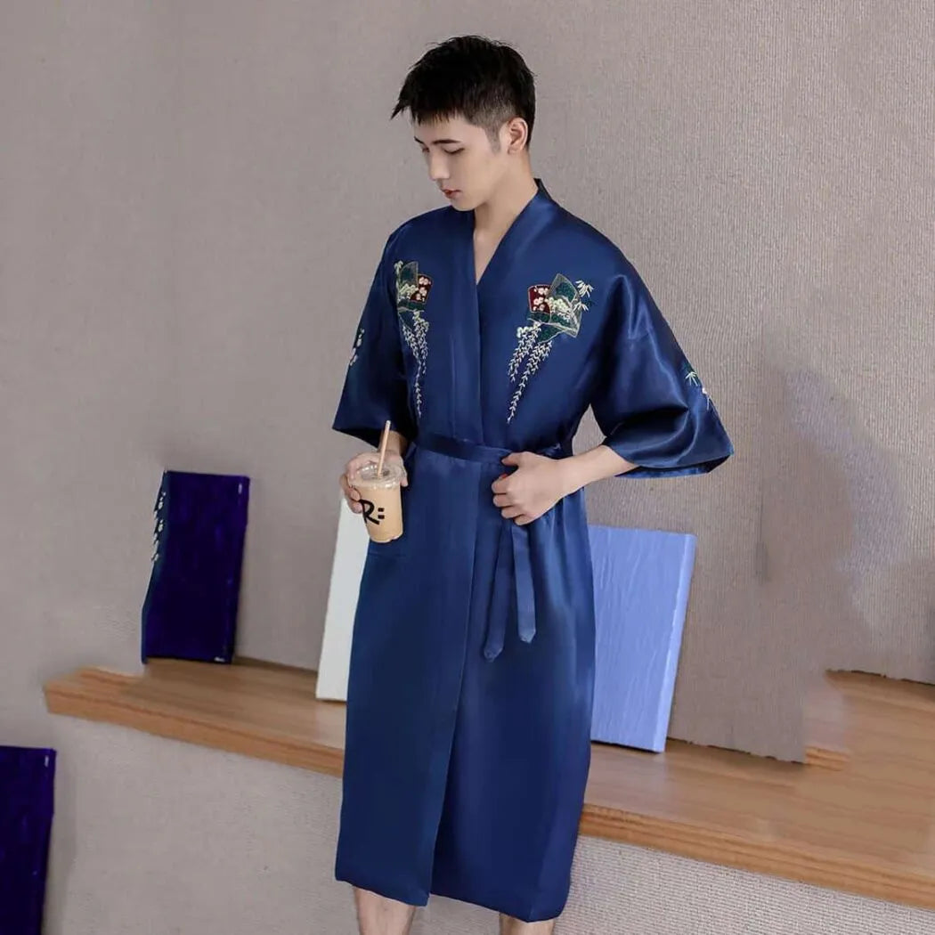 Peignoir japonais brodé élégant style kimono bleu / m Peignoir et bain