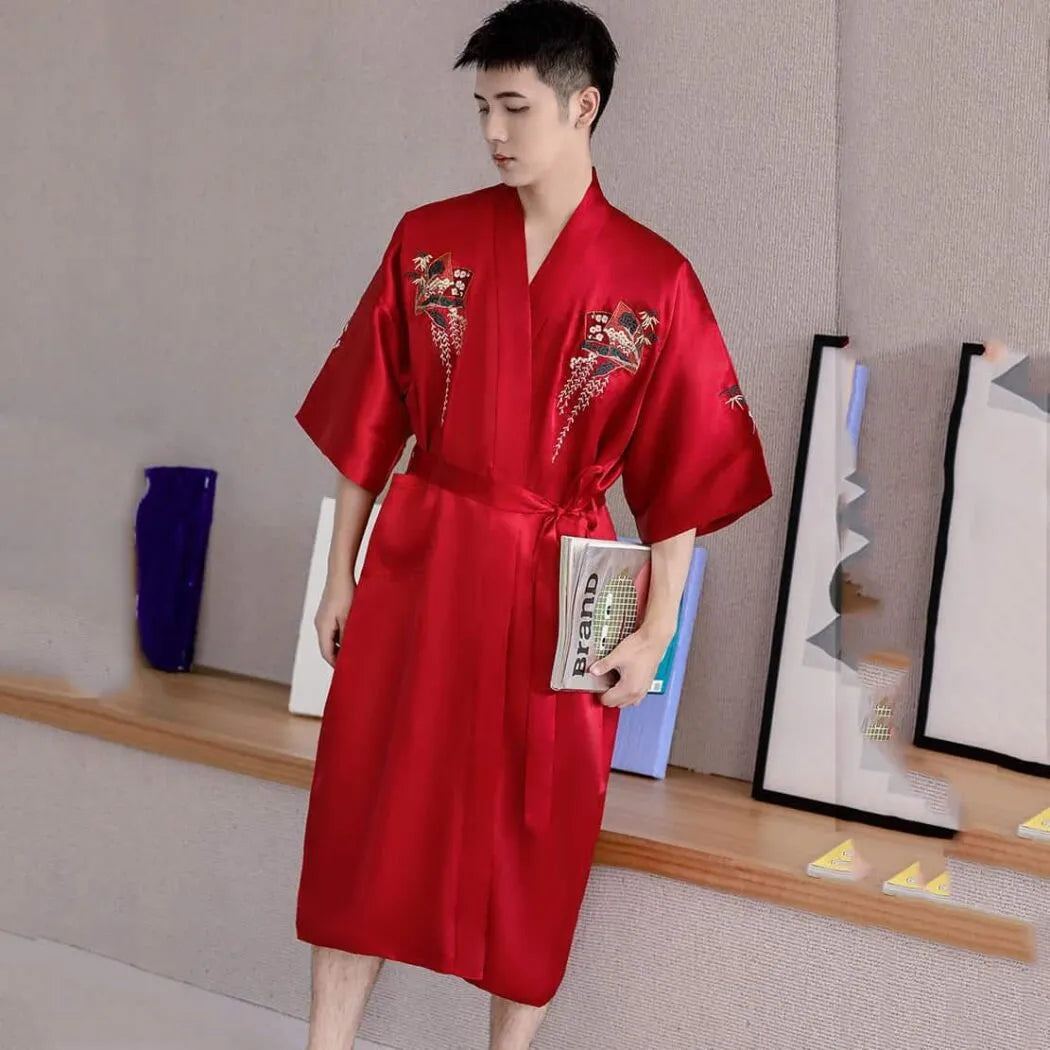 Peignoir japonais brodé élégant style kimono rouge / m Peignoir et bain