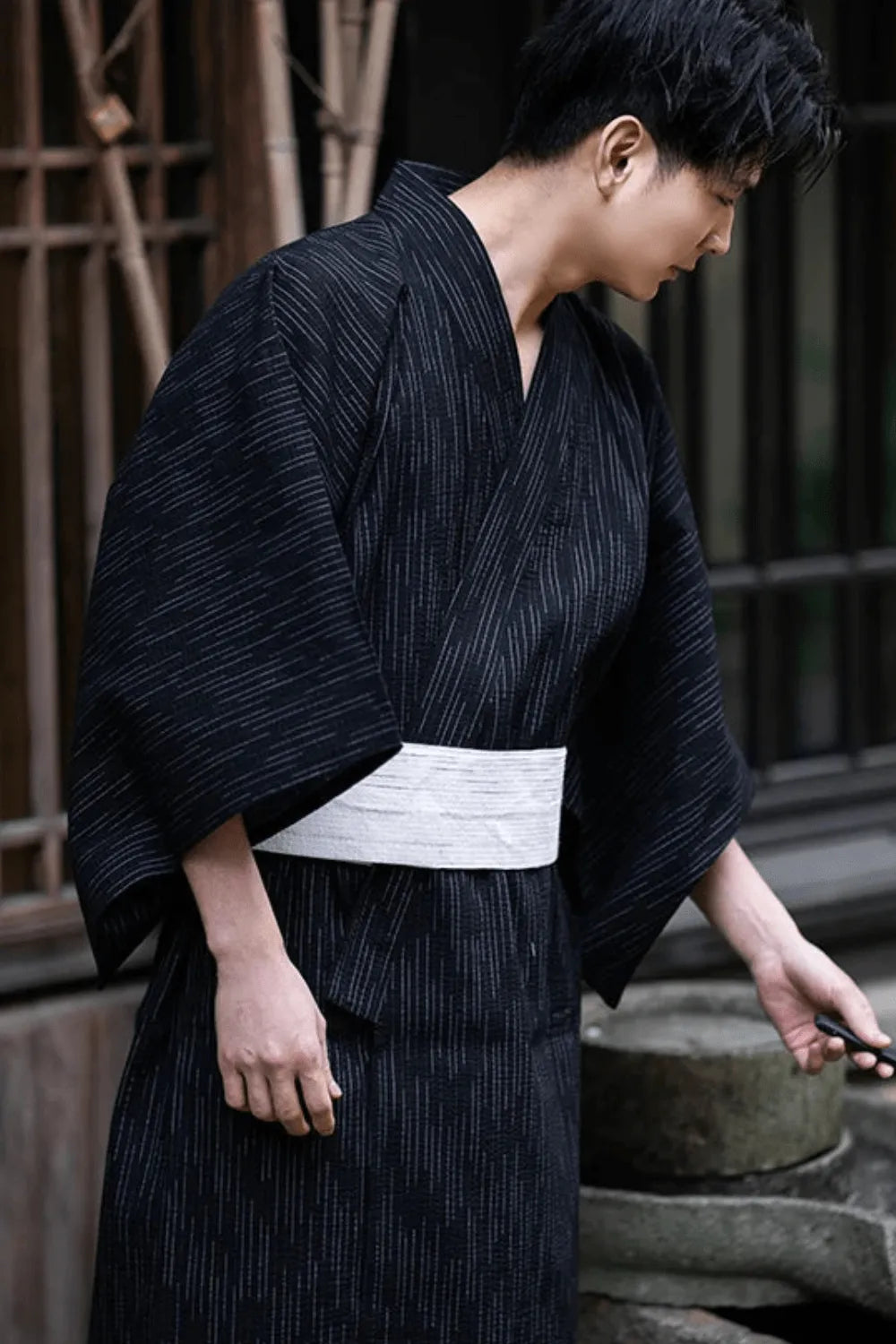 Peignoir japonais traditionnel élégant pour homme Noir / 1m60 à 1m90 ≃ 80kg Peignoir et bain