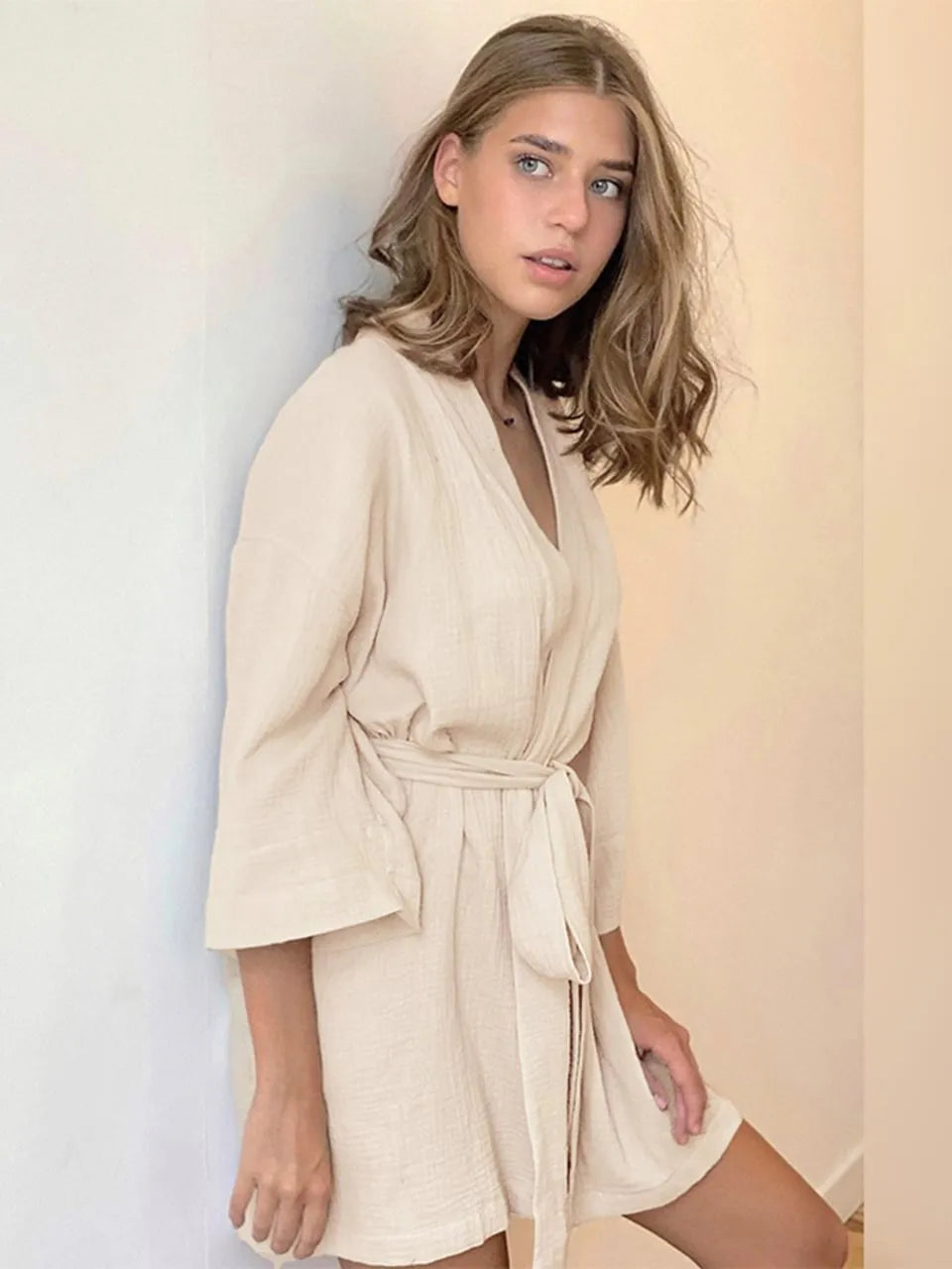Peignoir kimono court élégant pour femme beige / s Peignoir et bain