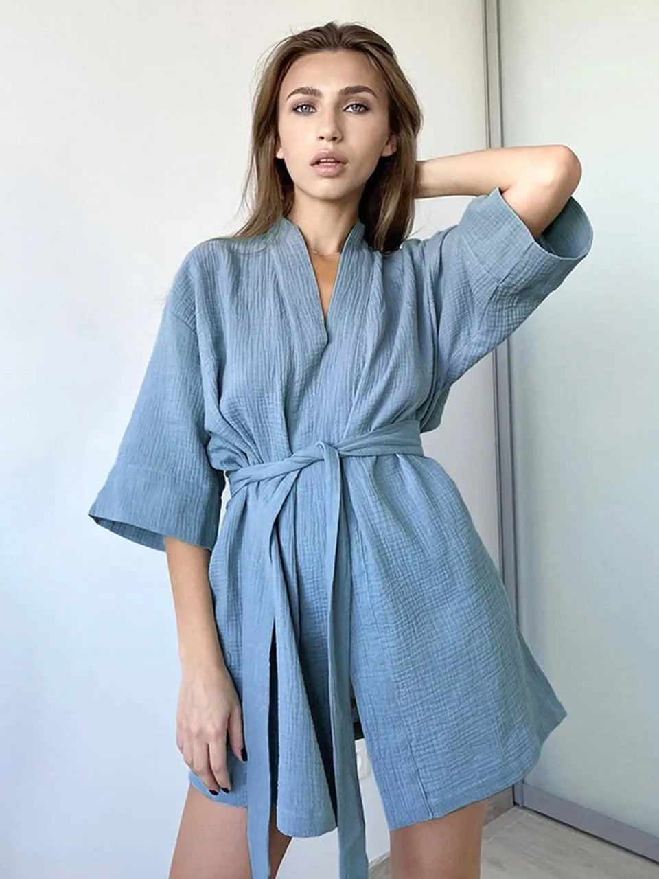 Peignoir kimono court élégant pour femme bleu / m Peignoir et bain