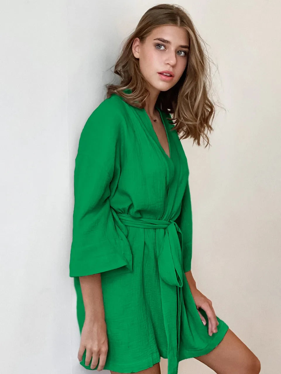 Peignoir kimono court élégant pour femme vert / m Peignoir et bain