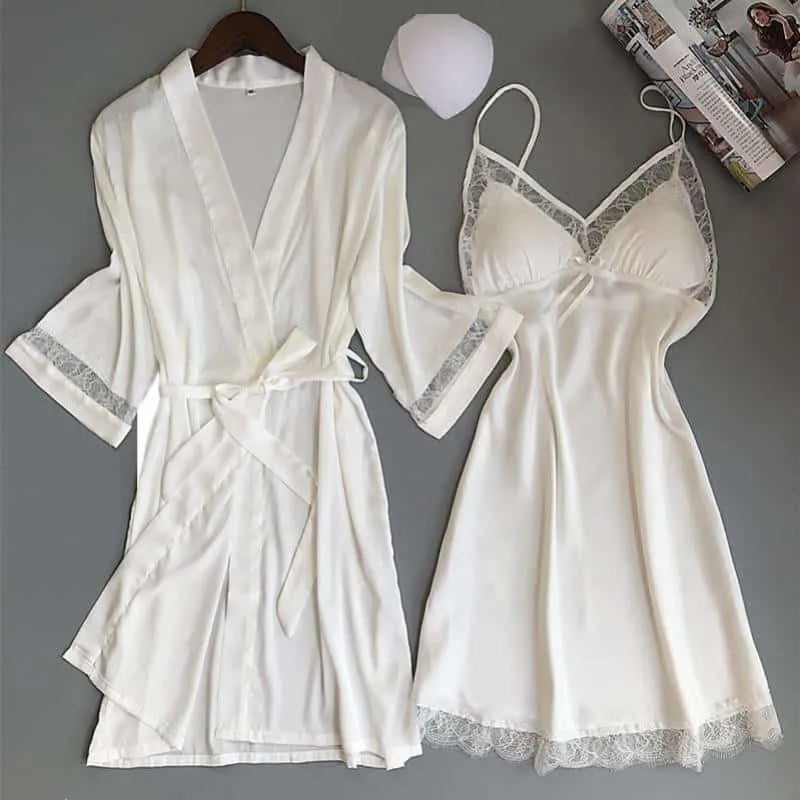 Peignoir kimono élégant nuisette dentelle femme glamour blanc / M (40-53kg) Peignoir et bain