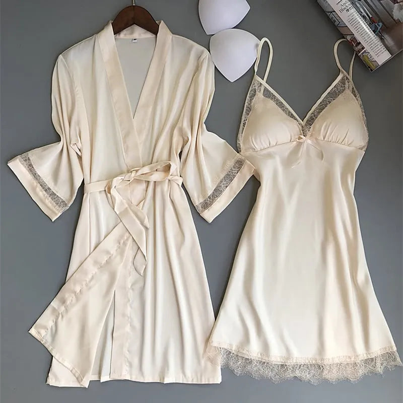 Peignoir kimono élégant nuisette dentelle femme glamour champagne / M (40-53kg) Peignoir et bain