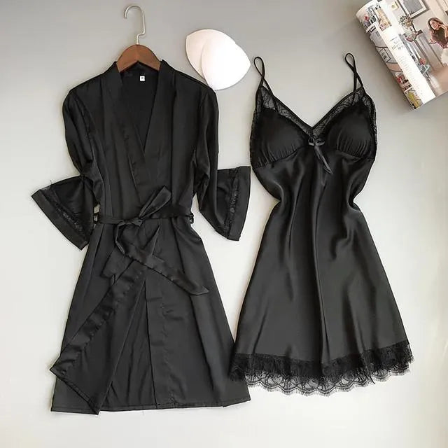 Peignoir kimono élégant nuisette dentelle femme glamour noir / M (40-53kg) Peignoir et bain