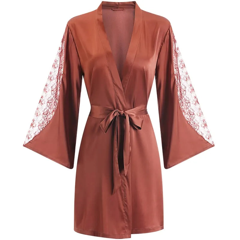 Peignoir kimono femme élégant en dentelle caramel / M (50-65kg) Peignoir et bain