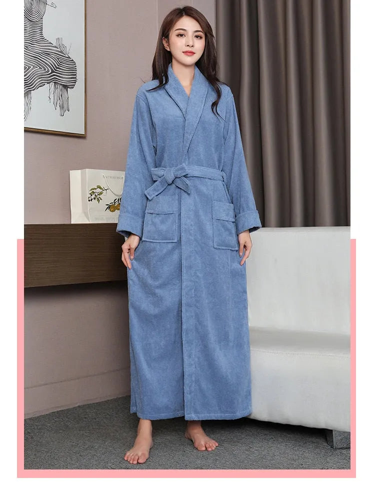 Peignoir long en coton doux pour femme bleu-fonce / l Peignoir et bain