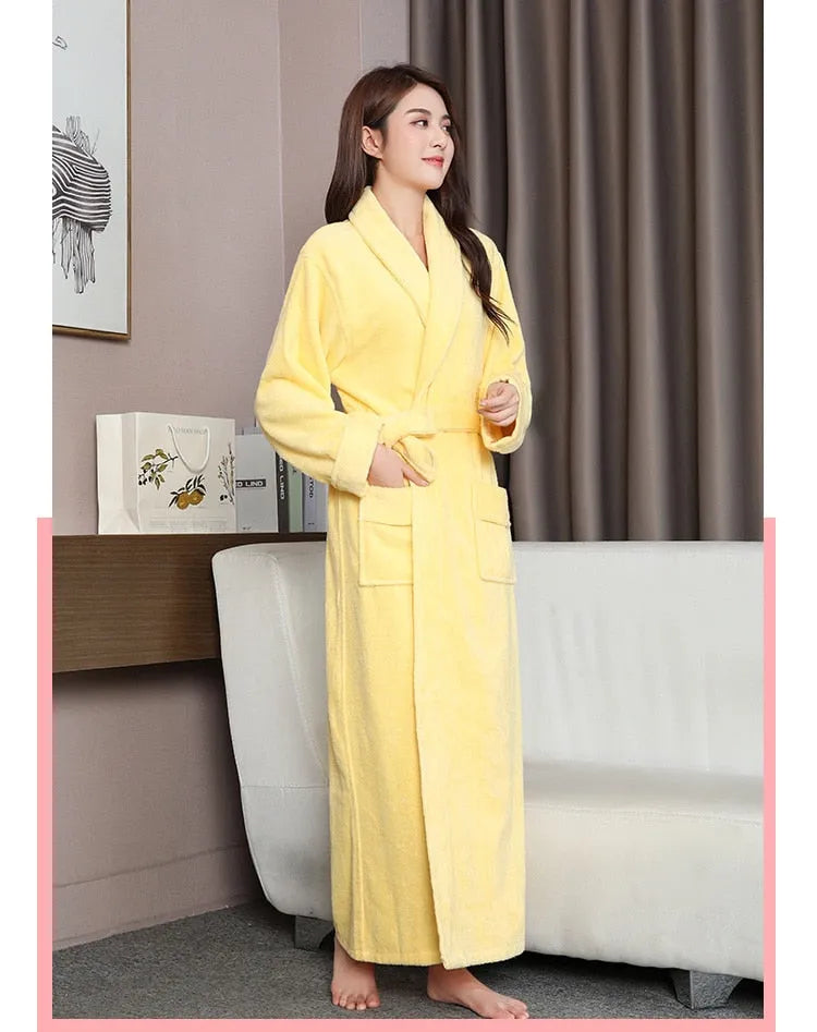Peignoir long en coton doux pour femme jaune / l Peignoir et bain
