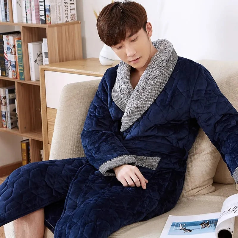 Peignoir luxueux bleu col duveteux pour détente L (50-65kg) Peignoir et bain