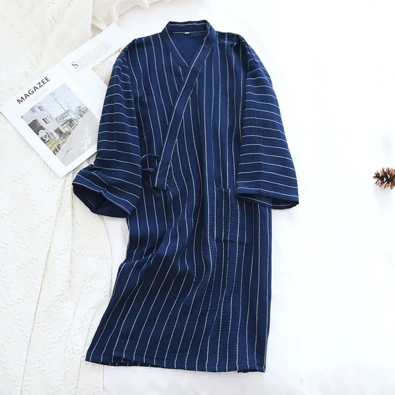 Peignoir rayé élégant style kimono pour détente bleu / l Peignoir et bain