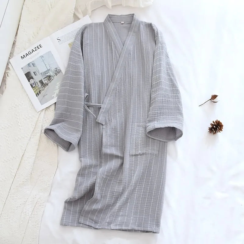 Peignoir rayé élégant style kimono pour détente gris / l Peignoir et bain
