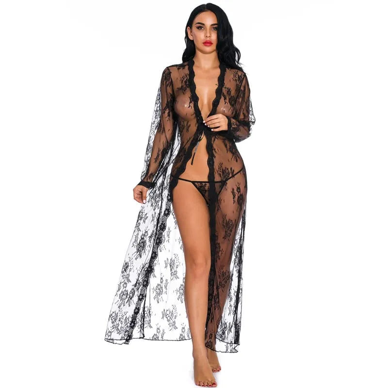 Peignoir romantiques élégant en dentelle pour soirées noir / s Peignoir et bain