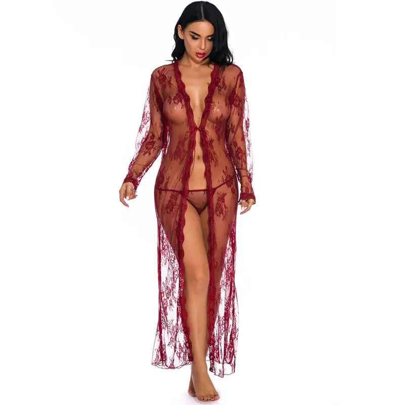 Peignoir romantiques élégant en dentelle pour soirées rouge-fonce / s Peignoir et bain