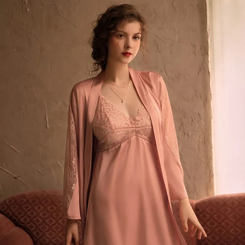 Peignoir rose féminin à manches dentelle élégantes s Peignoir et bain