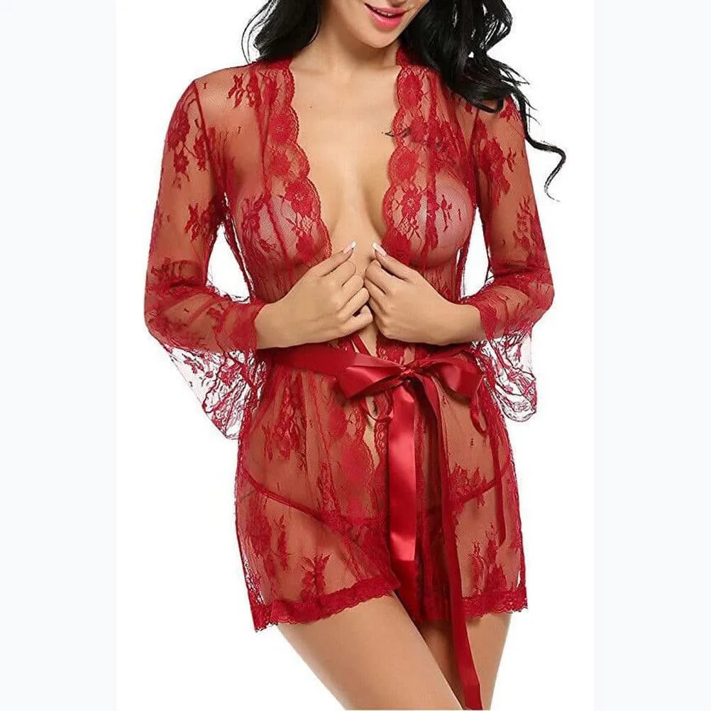 Peignoir sexy transparent en dentelle pour femme rouge / s Peignoir et bain