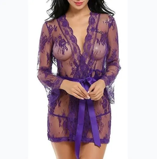 Peignoir sexy transparent en dentelle pour femme violet / l Peignoir et bain